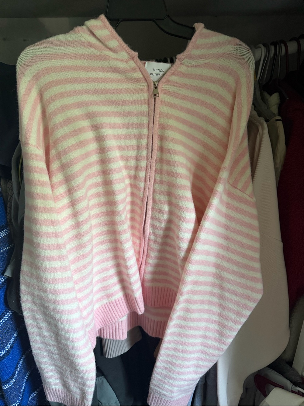Pink & White Striped Zip Hoodie Sweater (boutique)
